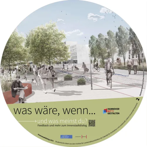Visualisierung, die Menschen auf einem Platz und auf einer Straße zeigt.